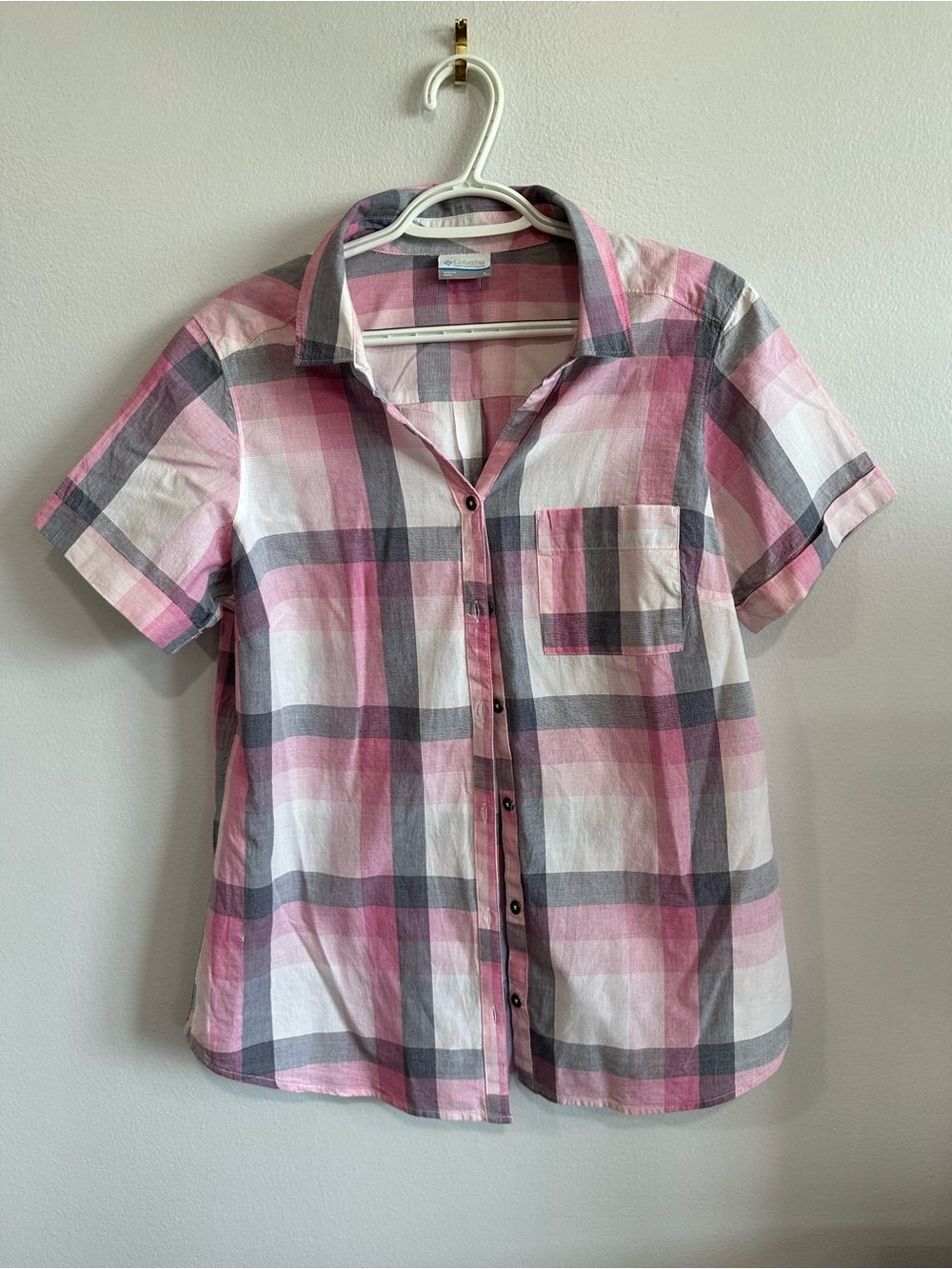 Columbia Women’s Pink Gray Plaid Short Sleeve Button Front 100% Cotton Sz Large